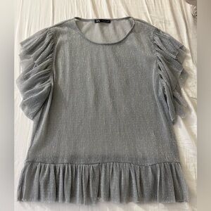 Zara Metallic Gray Ruffle Sleeve Blouse